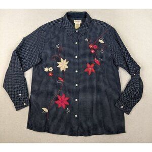 BOBBIE BROOKS - WOMEN'S BLUE PLAID EMBROIDERED LONG SLEEVE BUTTON-UP TOP - L